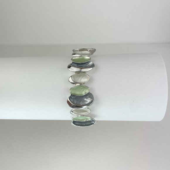 Bracelet, Stretch, Silver Tone, Blue, Green, White Inlay Oval 7.5" - 8.25" - Picture 4 of 5